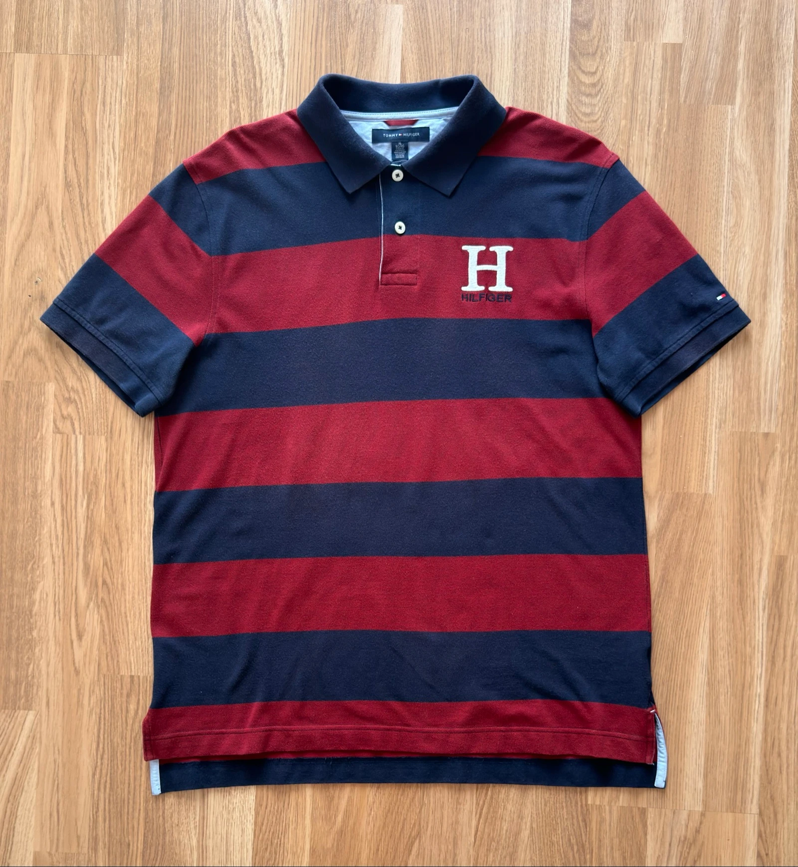 Tommy Hilfiger Polo Shirt Y2K Aesthetic Rugby Style Navy Burgundy Striped Slim Fit XL – photo 2